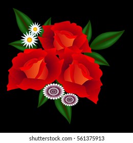 A bouquet of flowers on a black background.