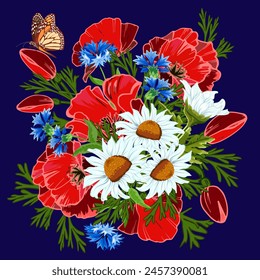 Ramo de flores sobre un fondo azul. Ilustración vectorial con un ramo de amapolas, margaritas y flores de maíz sobre un fondo azul.