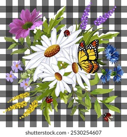 A bouquet of flowers on a checkered background.Color vector illustration with beautiful bright flowers on a checkered background.