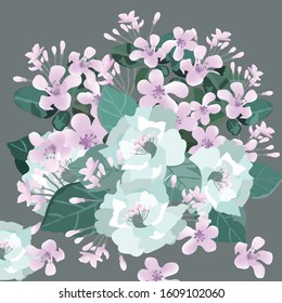 A bouquet of flowers on gray background,violet and light blue floral with green leaf.illustration vector doodle comic art.