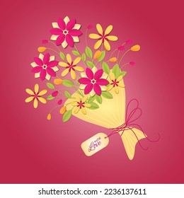 Bouquet flowers on pink background in trendy color 2023 Viva Magenta. Design for Valentines Day, Womans Day, Mothers Day in paper cut style.