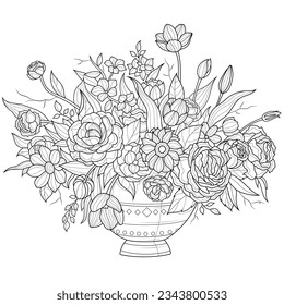 Bouquet of flowers on a white background.Coloring book antistress for children and adults. Illustration isolated on white background.Zen-tangle style. Hand draw