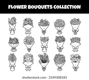 Bouquet flowers outline vector illustration set