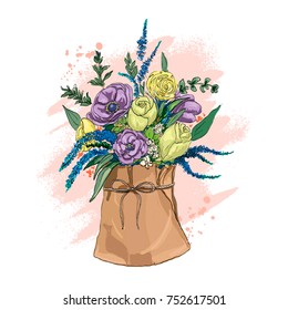 A bouquet of flowers in a paper bag. Beautiful hand drawn flowers box. Template for greeting cards and invitations for a holiday wedding. Hand drawn sketch. Vector illustration.