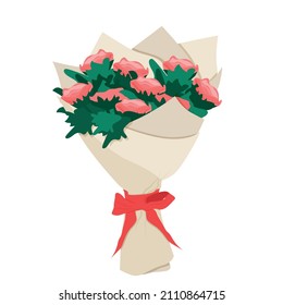 A bouquet of flowers in a paper package. A floral gift for a celebration, a romantic surprise.Vector illustration.