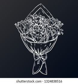 A bouquet of flowers in a paper package, isolated on a background. Card with a bouquet of tulips. Vector illustration. Flowers are blacked out background. 