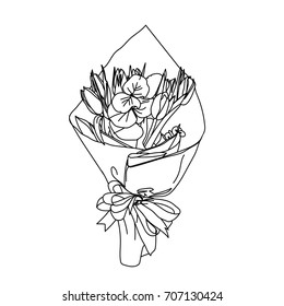 A bouquet of flowers in a paper package, isolated on a white background. Card with a bouquet of tulips and eucalyptus. Vector illustration. Flowers are blacked out background.