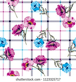 Bouquet Flowers Pattern floral botanical   seamless design with plaid background for textile pattern,fashion print, fabric design