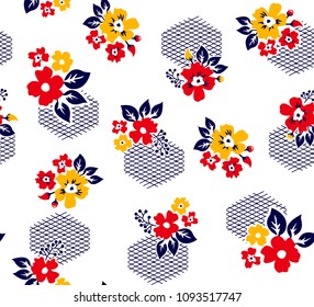 Bouquet flowers pattern with honeycomb from grid elements for textile pattern, fashion print,fabric design