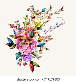 Bouquet of flowers. Peony with apple branch and leaves. Hand drawn. Vector - stock.