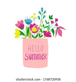 Bouquet of flowers in pink shopping bag. Hello summer. Summer vector flat illustration isolated on a white background. Design element for a postcard, poster, or t-shirt.