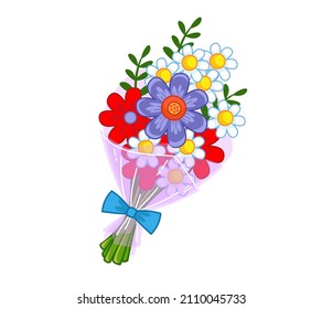 A bouquet of flowers in a pink transparent package with a bow. Vector illustration with outline in cartoon style. Isolated cute clipart for valentine's day