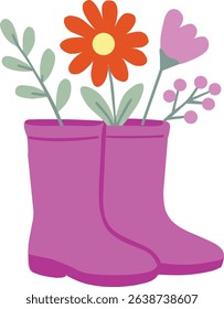Bouquet of flowers placed inside a pair of bright purple rain boots