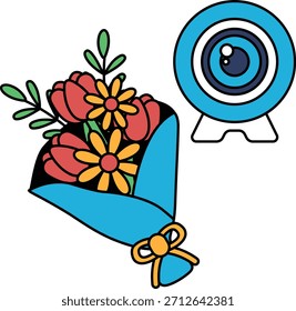 A bouquet of flowers is placed next to a camera. The flowers are white and yellow, and the camera is black. Concept of warmth and happiness, as the flowers are a symbol of love and affection