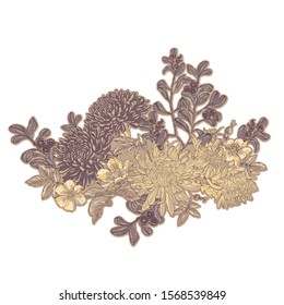 Bouquet of flowers and plants.Vector hand-drawn illustration.
Card. Cover. Emblem. Label for the goods. Print for textiles.
