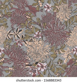 Bouquet of flowers and plants.Vector hand-drawn illustration.Seamless pattern.