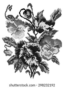 Bouquet of flowers (poppies and pansies) using traditional Ukrainian embroidery elements. Black and white tones. Painting art.