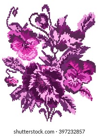 Bouquet of flowers (poppies and pansies) using traditional Ukrainian embroidery elements. Can be used as pixel-art. Violet tones.