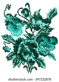 Bouquet of flowers (poppies and pansies) using traditional Ukrainian embroidery elements. Can be used as pixel-art. Turquoise tones.