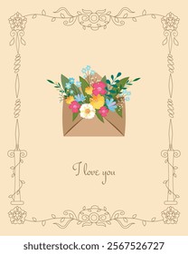 A bouquet of flowers in a postal envelope with a patterned decorative frame. Vintage craft-style postcard. Vector illustration is ideal for flower shop decoration, envelope decoration.