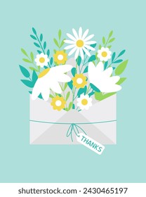 A bouquet of flowers in a postal envelope. Thank you card. Spring flowers