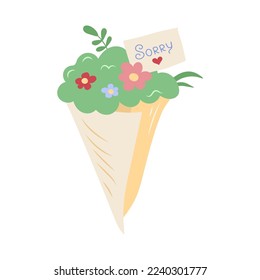 Bouquet of flowers with postcard sorry. vector illustration