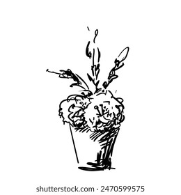 Ramo de flores en una olla, boceto rápido de la mano, ilustración dibujada a mano de Vector