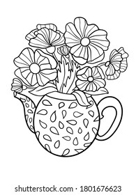 bouquet of flowers in pots for watering vector illustration coloring book for kids and adults isolate on white background doodle sketch background for gardening