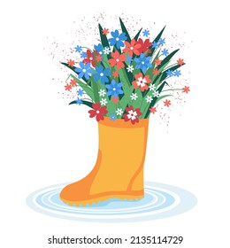 Bouquet of flowers in rain boots. Spring rubber boots with flowers. Hello Spring, Birthday, Valentine, Woman or Mother's Day postcard design. Sketch vector illustration.