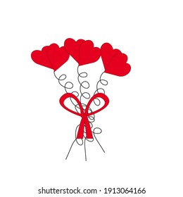 Bouquet of flowers red hearts with a red bow on a white background.
