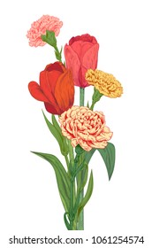 Bouquet of flowers: red, pink, yellow carnation, tulips on white background. Design for congratulations, for Mother's Day, for Victory Day. Hand draw, engraving vintage sketch style, botanical vector