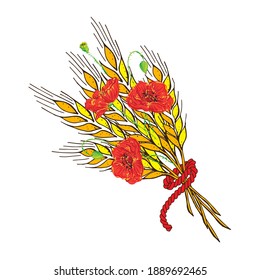 Bouquet of flowers red poppies, ears of rye or wheat  Gold spikelet, spica, isolated on white  background. Contour lines, sketch, hand drawing Flat design vector illustration
