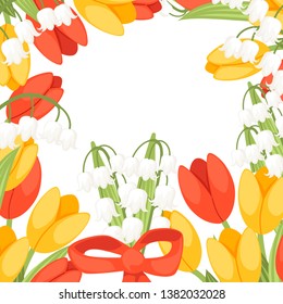 A bouquet of flowers with a red ribbon. Spring red and yellow tulip with Convallaria majalis. Lilly of the valley. Green flower pattern, grass. Flat vector illustration on white background.