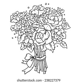 Bouquet of flowers with ribbon and bow line art closeup isolated on white background
