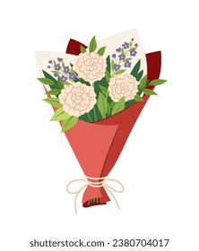 Bouquet con flores. Regalo romántico o presente, sorpresa en San Valentín. Aniversario de la boda. Plantilla y diseño. Dibujo vectorial plano de dibujos animados aislado en fondo blanco