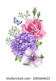 Bouquet of flowers (rose, apple tree flower, gypsophila)and butterfly  in watercolor style isolated on white background. For greeting cards, prints. All elements are editable. Art vector illustration.