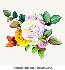 Bouquet of flowers. Roses with branch and leaf. Can be used in design purpose. Hand drawn illustration, isolated on white. Vector - stock.