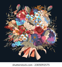 bouquet of flowers. roses and peonies. chamomile and calendula. flower arrangement with flowers. vector illustration on a dark background