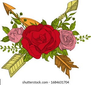 Bouquet of flowers, roses, peony. Bridal floral composition. Wedding invitation template.