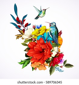 Bouquet of flowers with roses, poppy flowers, cornflowers and two hummingbirds around. This template can be used as other type of invitations and holidays. Vector - stock.