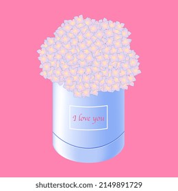 Bouquet flowers in a round box on a pink background. Birthday card, mother's day card, I love you card