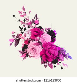 Bouquet of flowers. Sakura with branch and leaves. Abstract isolated illustration on white. Hand drawn. Vector - stock.