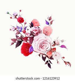 
Bouquet of flowers. Sakura with branch and leaves. Isolated illustration on white. Hand drawn. Vector - stock.