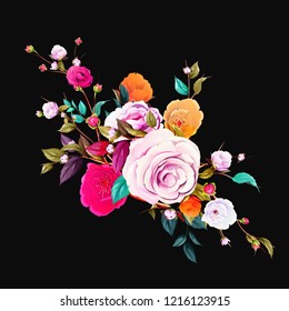 Bouquet of flowers. Sakura with branch and leaves. Isolated illustration on black. Hand drawn. Vector - stock.