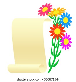 Bouquet of flowers and a scroll.