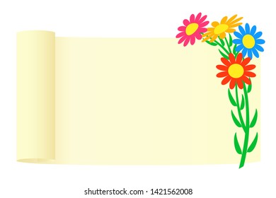 Bouquet of flowers and a scroll. Vector illustration.