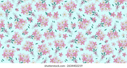 Bouquet of flowers, seamless pattern. Gift for holiday, birthday, wedding. Line drawing, doodle. Simple meadow flower. Vector repeating background.