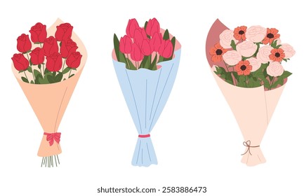 Bouquet of flowers. A set of different flowers for a bouquet. A gift for a beloved woman. Bouquet composition with flowers. Vector illustration