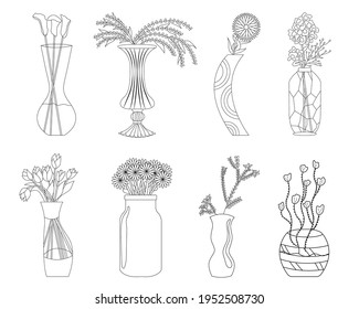 Bouquet of flowers set in doodle style. Tulips, callas, daisies with vases, jugs and glass bottles with water. Flowers for celebration coloring page.