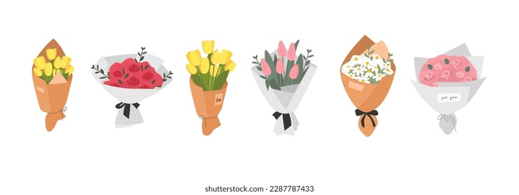 Se ha puesto un ramo de flores. Flores. Rosas, tulipán, camomila. Hermoso ramo. Vector